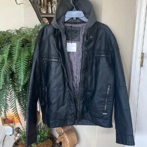 Brand New Calvin Klein Faux Leather Zippered Black Jacket Gray Sweatshirt Hood